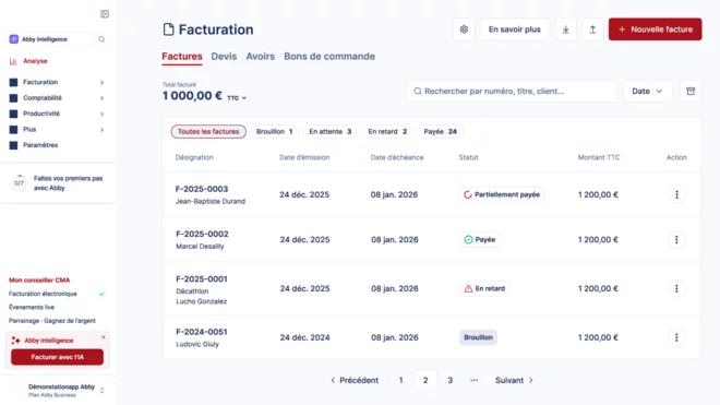Interface de gestion des factures de la solution Abby proposée par la CMA