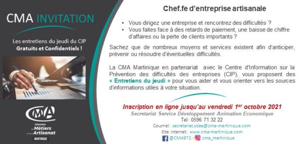 CMA Martinique Invitation CIP Prevention des entreprises en difficulte 7 octobre 2021